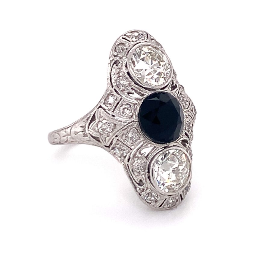 PLATINUM DIAMOND AND ONYX FILIGREE RING