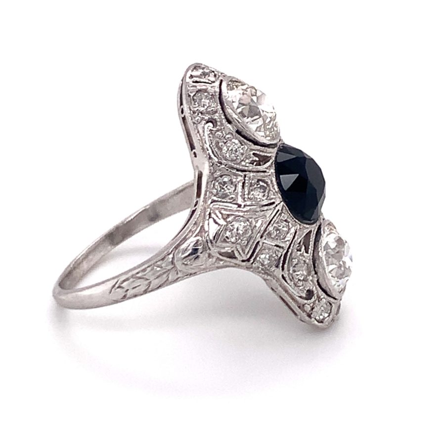 PLATINUM DIAMOND AND ONYX FILIGREE RING