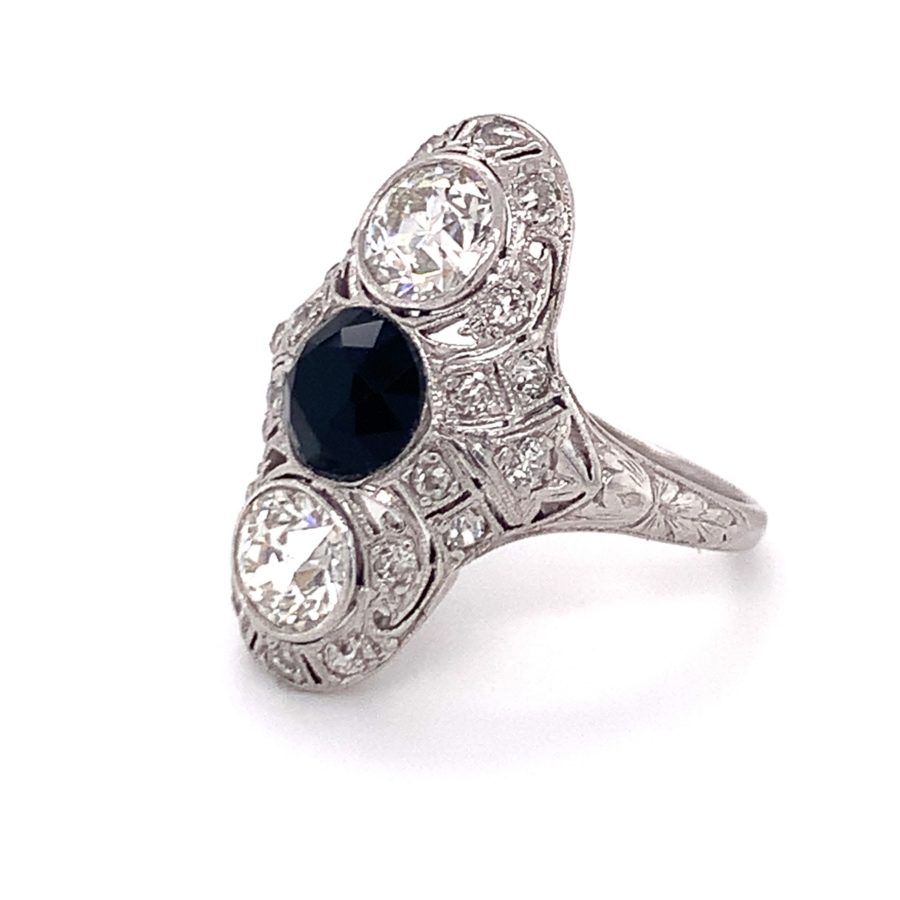 PLATINUM DIAMOND AND ONYX FILIGREE RING