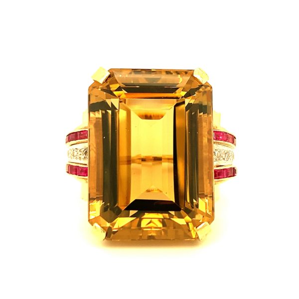 14K-YG+RG CITRINE, RUBY AND DIAMOND RING