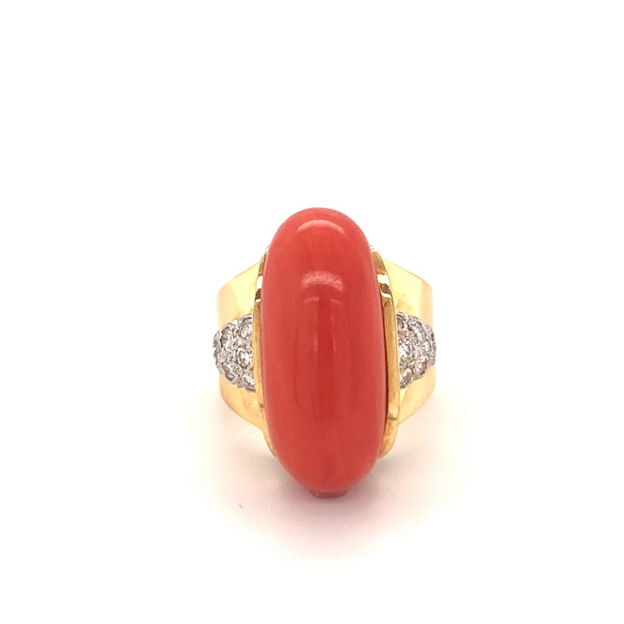 18K-YG RED CORAL AND DIAMOND RING