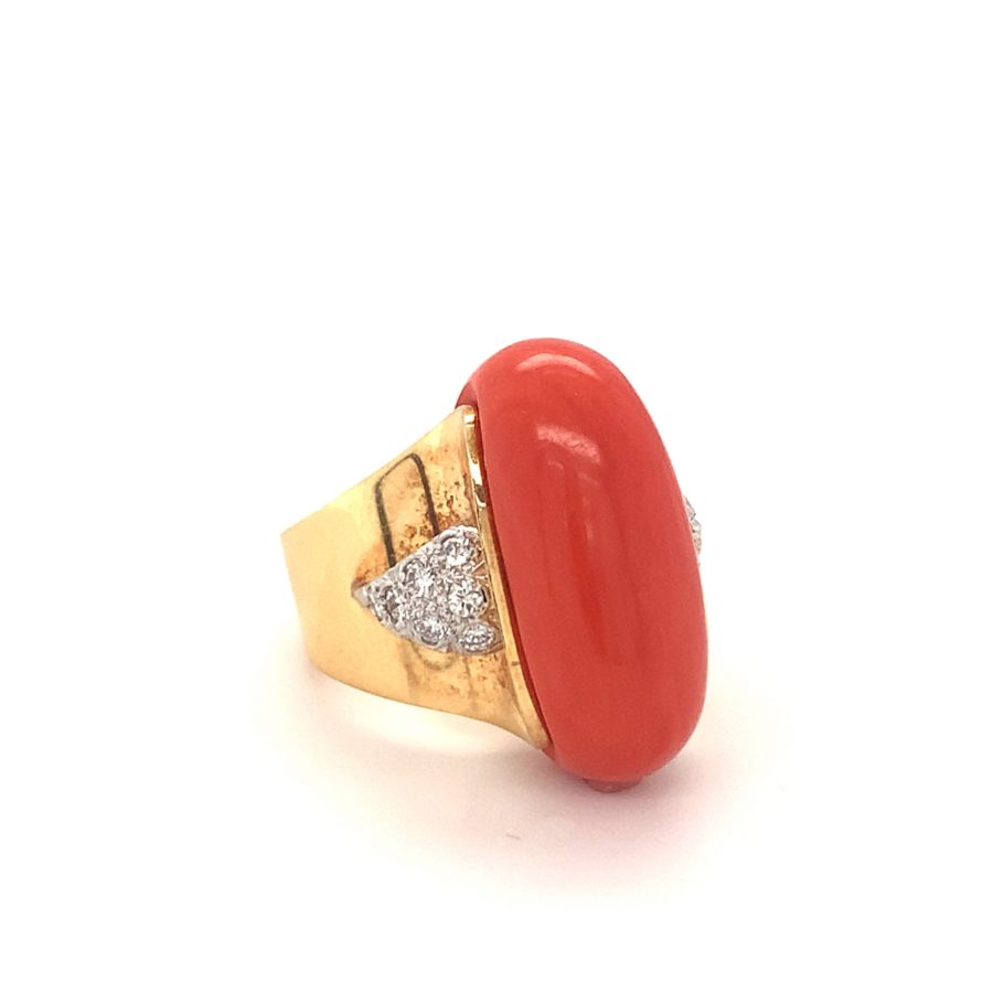 18K-YG RED CORAL AND DIAMOND RING