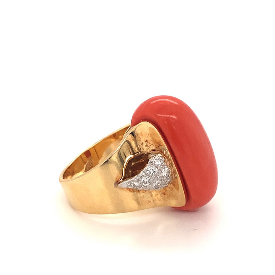 18K-YG RED CORAL AND DIAMOND RING