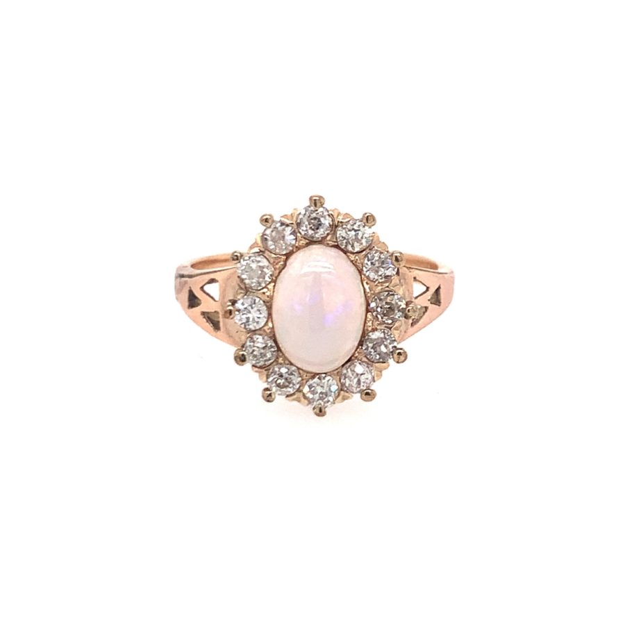 14K Yellow Gold Diamond and White Opal Ring