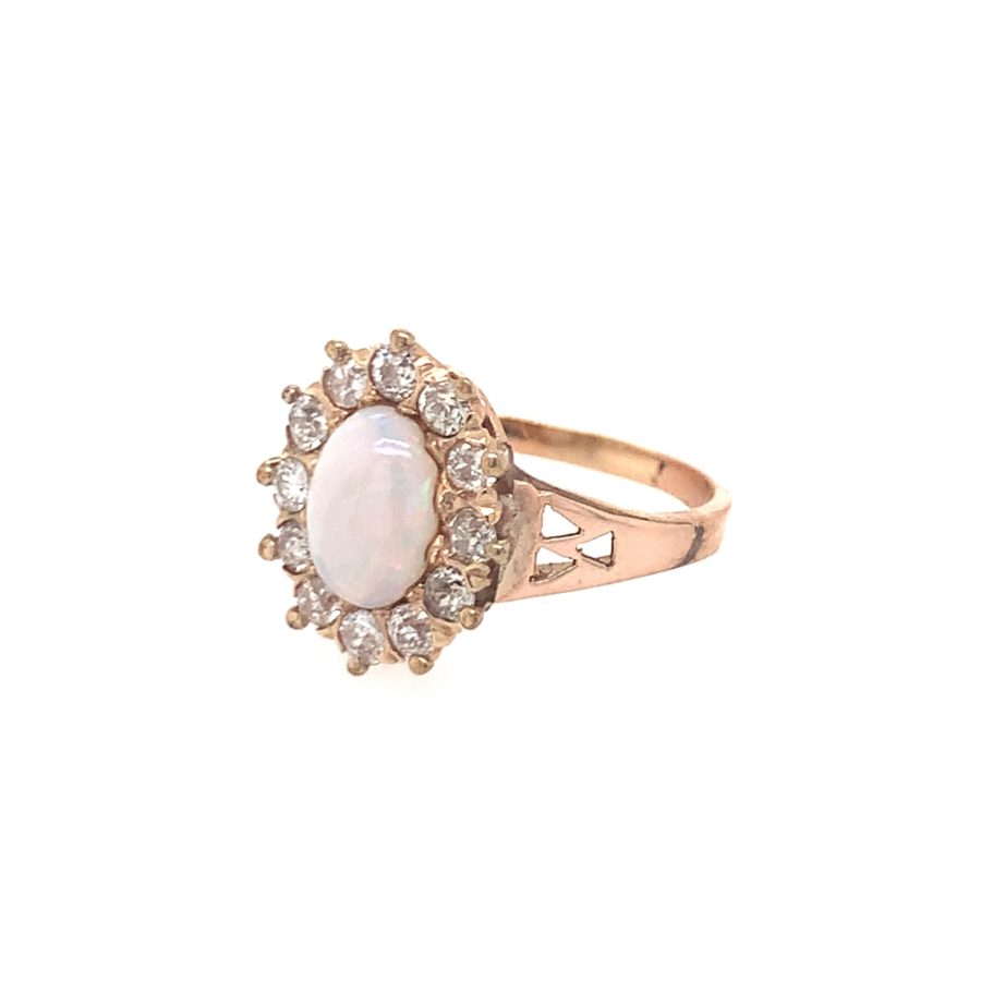 14K Yellow Gold Diamond and White Opal Ring