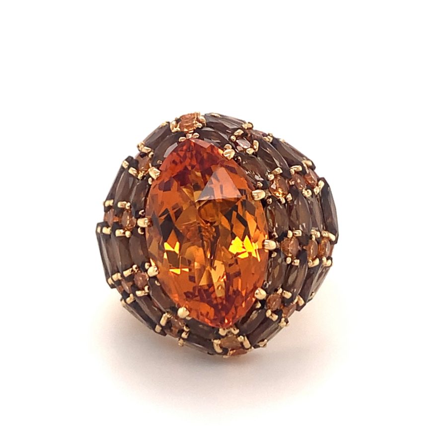 18K Yellow Gold Citrine, Smokey Quartz, Orange Sapphire Ring