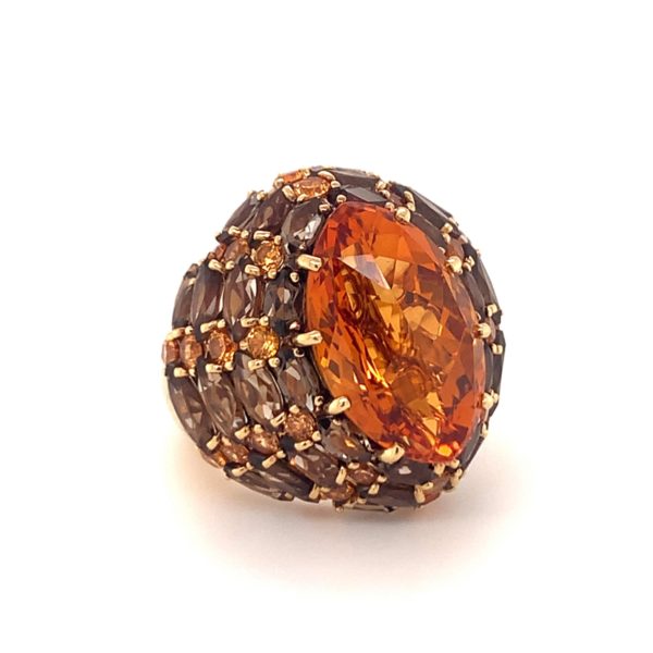 18K Yellow Gold Citrine, Smokey Quartz, Orange Sapphire Ring