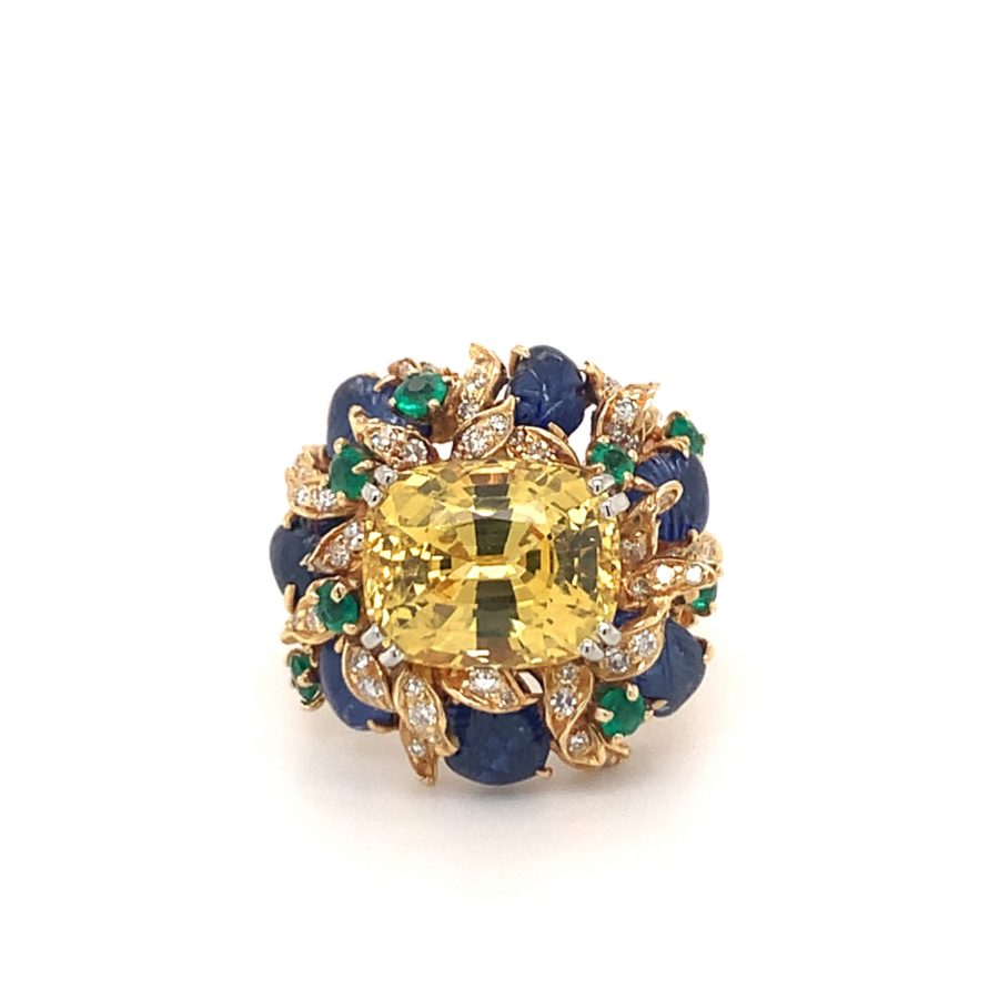 18K YELLOW GOLD, YELLOW SAPPHIRE, EMERALD, SAPPHIRE, AND DIAMOND RING