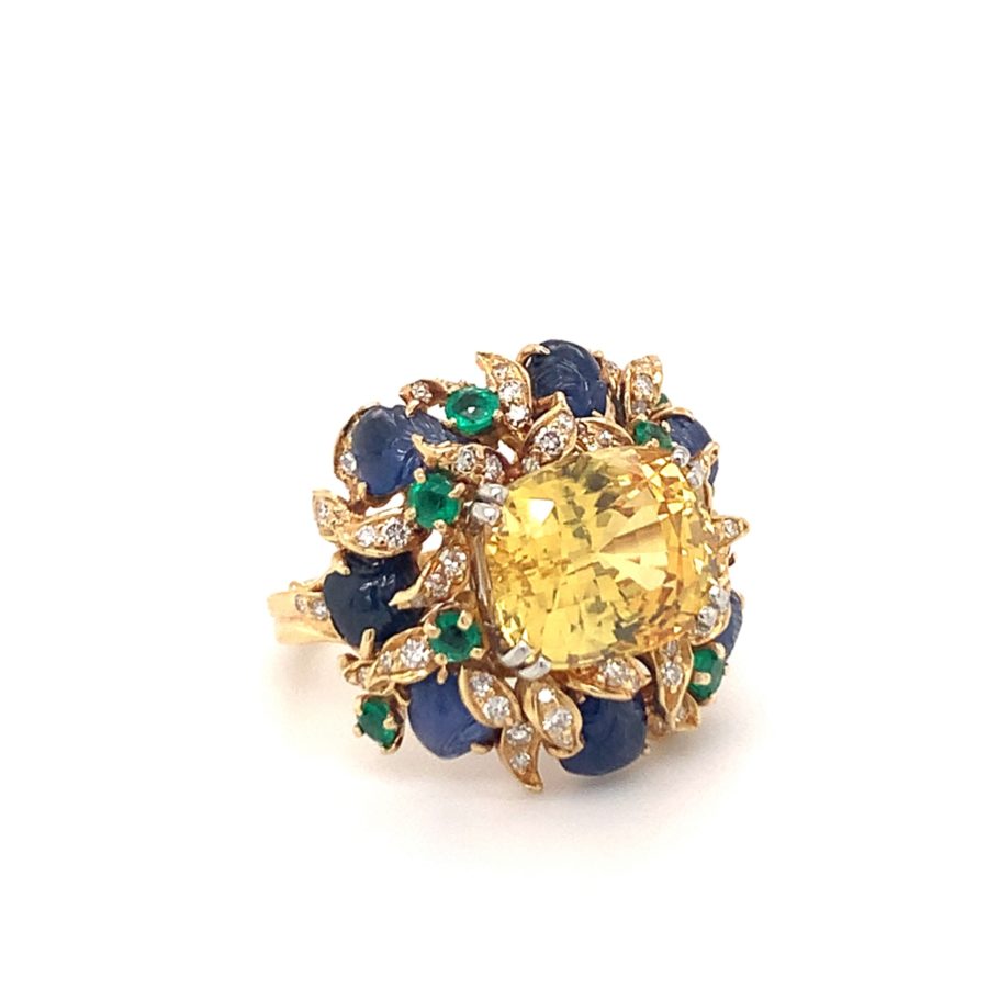 18K YELLOW GOLD, YELLOW SAPPHIRE, EMERALD, SAPPHIRE, AND DIAMOND RING