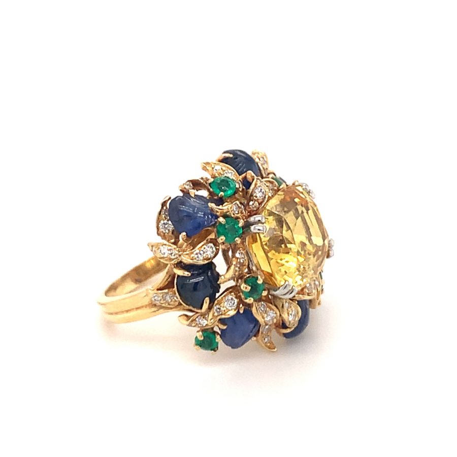 18K YELLOW GOLD, YELLOW SAPPHIRE, EMERALD, SAPPHIRE, AND DIAMOND RING