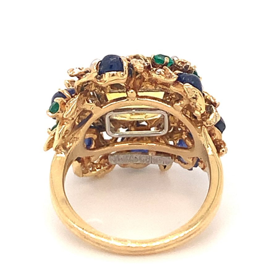 18K YELLOW GOLD, YELLOW SAPPHIRE, EMERALD, SAPPHIRE, AND DIAMOND RING