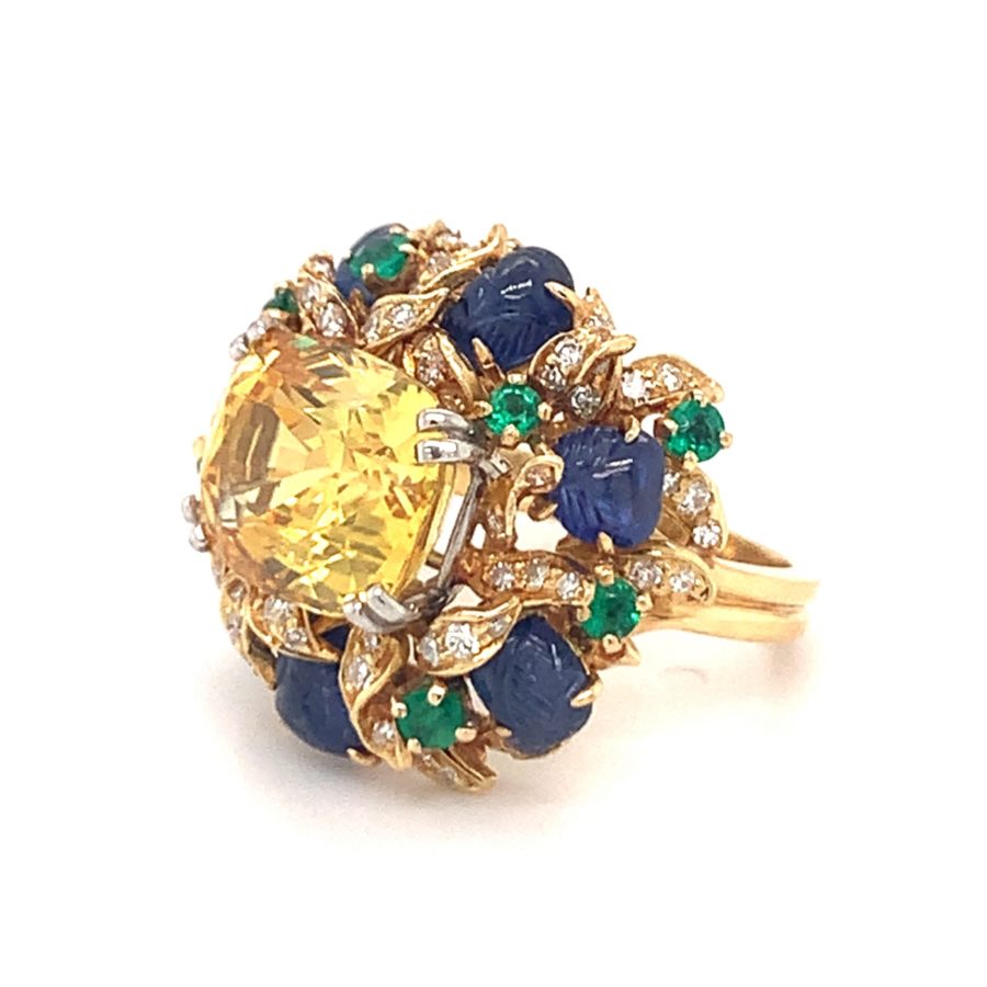 18K YELLOW GOLD, YELLOW SAPPHIRE, EMERALD, SAPPHIRE, AND DIAMOND RING