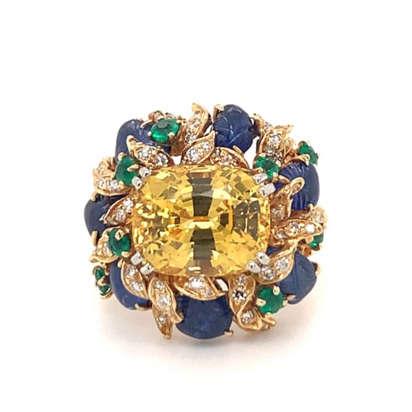 18K YELLOW GOLD, YELLOW SAPPHIRE, EMERALD, SAPPHIRE, AND DIAMOND RING