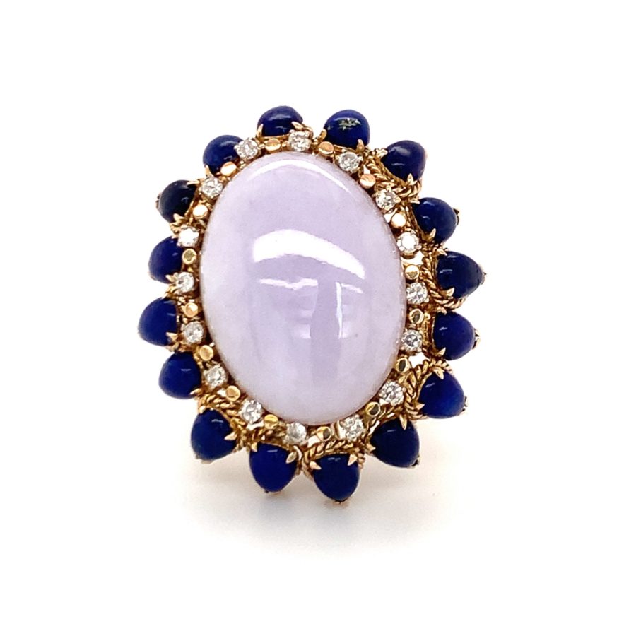 14K Yellow Gold Lavender Jade, Lapis Lazuli, and Diamond Ring