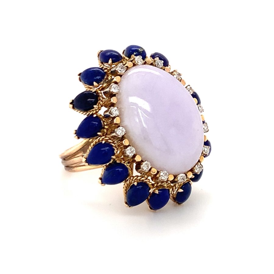 14K Yellow Gold Lavender Jade, Lapis Lazuli, and Diamond Ring