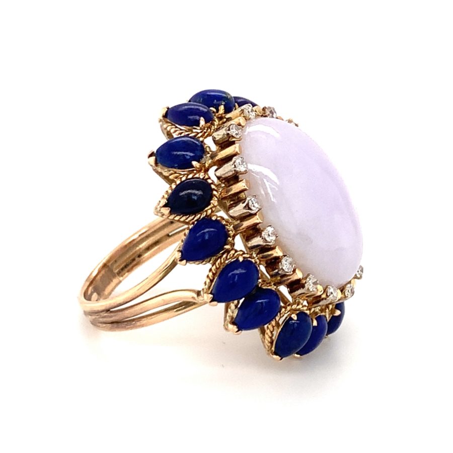 14K Yellow Gold Lavender Jade, Lapis Lazuli, and Diamond Ring