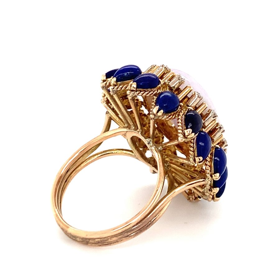 14K Yellow Gold Lavender Jade, Lapis Lazuli, and Diamond Ring