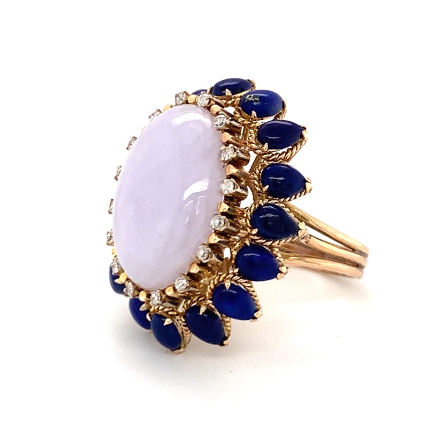 14K Yellow Gold Lavender Jade, Lapis Lazuli, and Diamond Ring