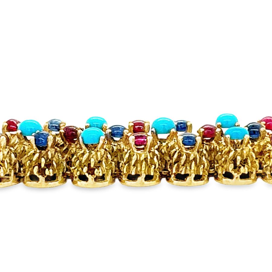 18K YELLOW GOLD RUBY, SAPPHIRE AND TURQUOISE BRACELET