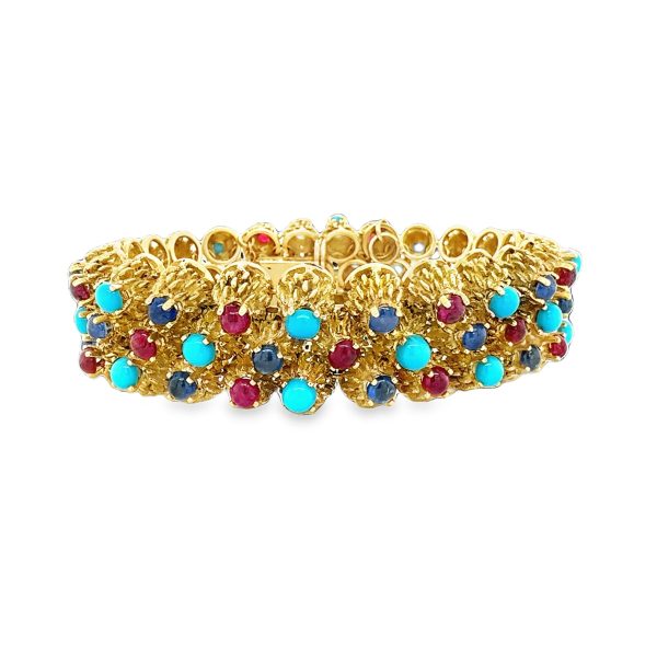 18K YELLOW GOLD RUBY, SAPPHIRE AND TURQUOISE BRACELET