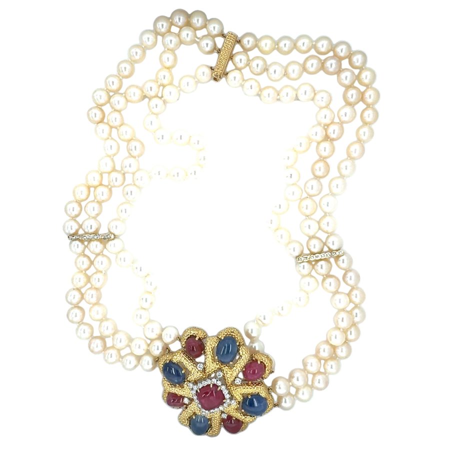 18K YELLOW GOLD RUBY, SAPPHIRE, DIAMOND AND PEARL NECKLACE