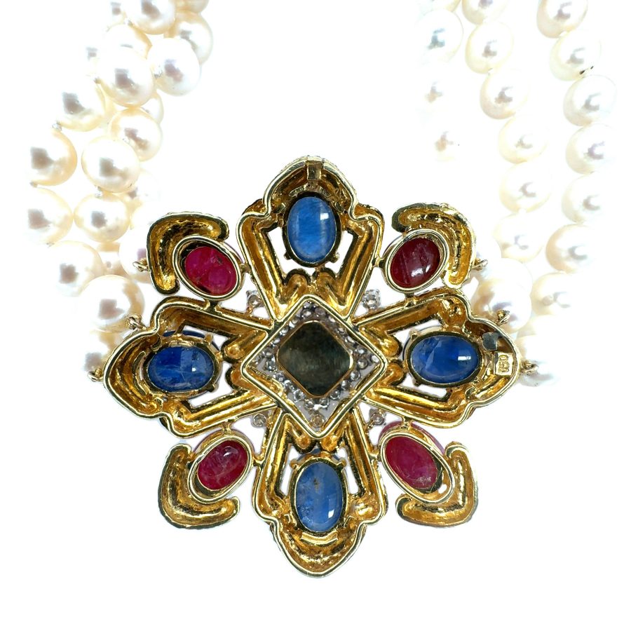 18K YELLOW GOLD RUBY, SAPPHIRE, DIAMOND AND PEARL NECKLACE