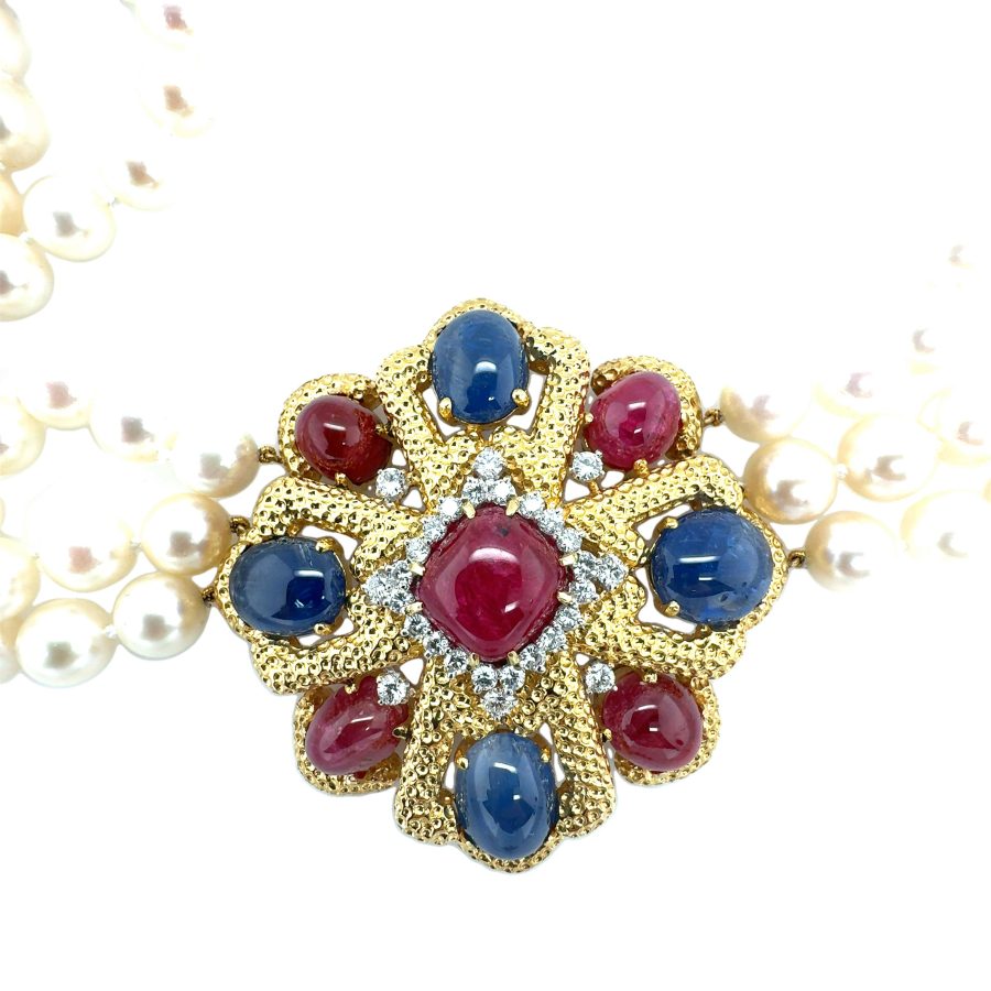 18K YELLOW GOLD RUBY, SAPPHIRE, DIAMOND AND PEARL NECKLACE