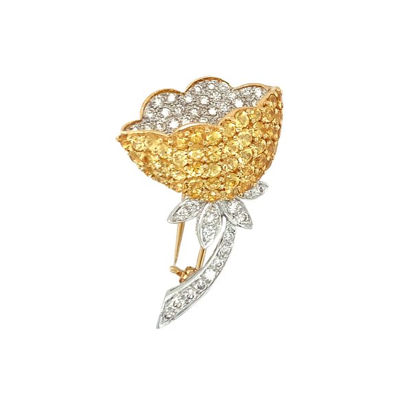 18K GOLD DIAMOND AND YELLOW SAPPHIRE FLOWER BROOCH