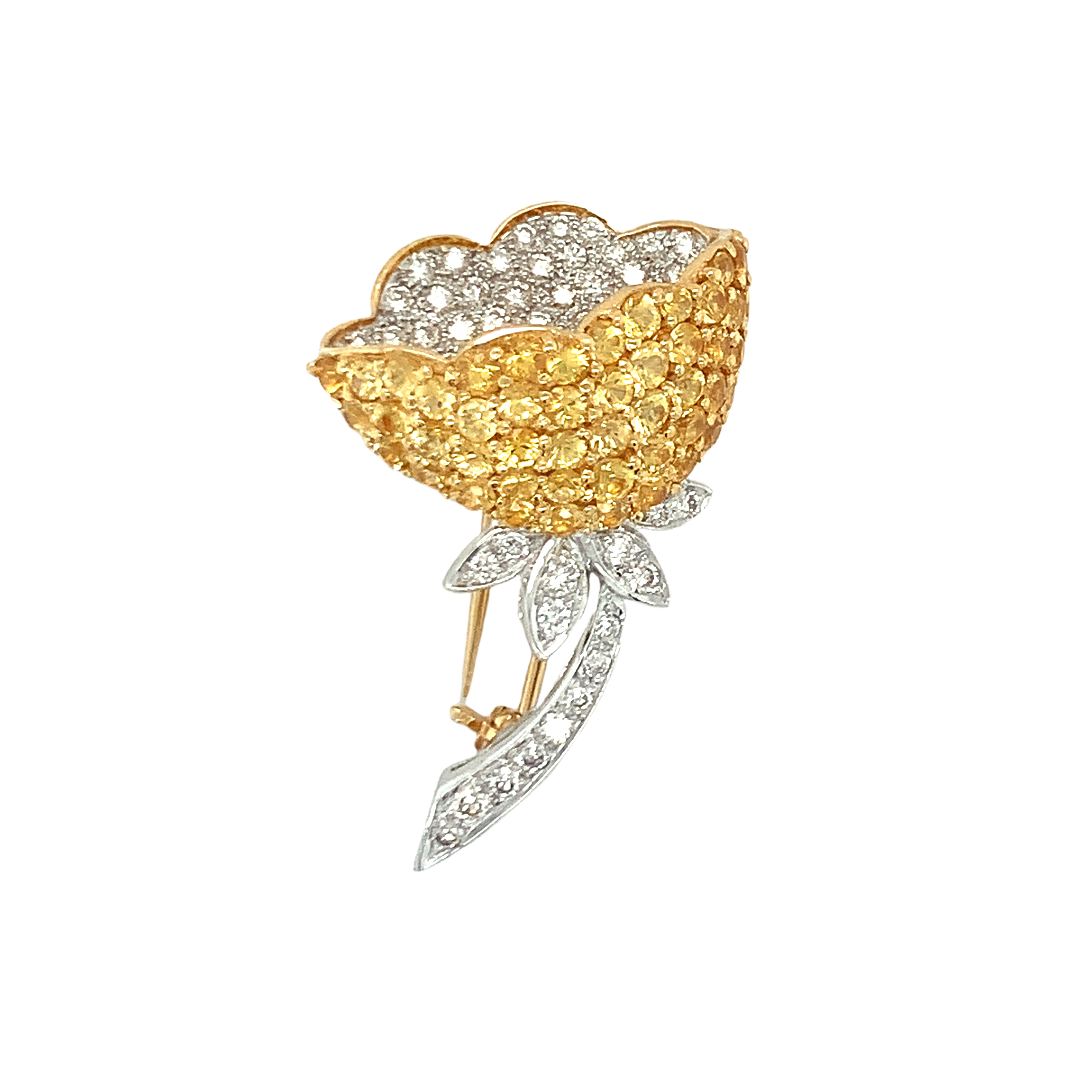 18K GOLD DIAMOND AND YELLOW SAPPHIRE FLOWER BROOCH