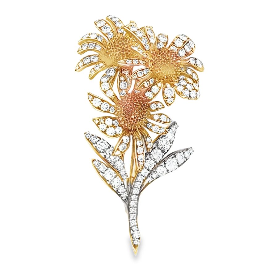 18K YELLOW GOLD AND PLATINUM FLORAL SUNBURST DIAMOND BROOCH