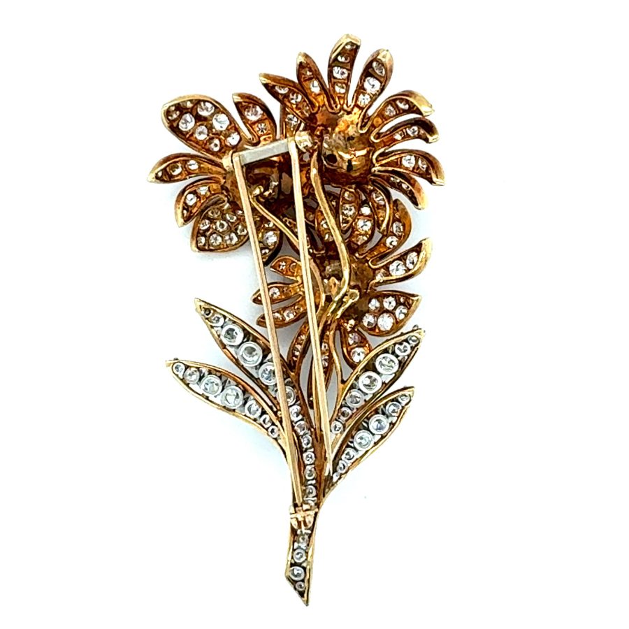 18K YELLOW GOLD AND PLATINUM FLORAL SUNBURST DIAMOND BROOCH