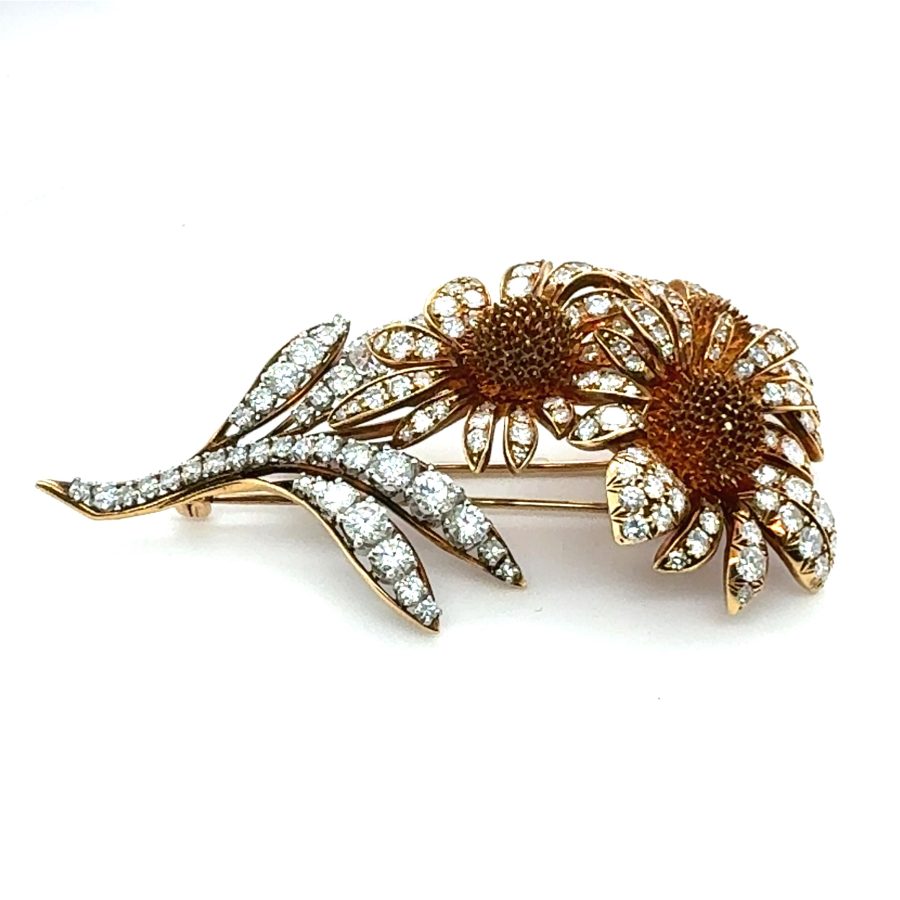 18K YELLOW GOLD AND PLATINUM FLORAL SUNBURST DIAMOND BROOCH