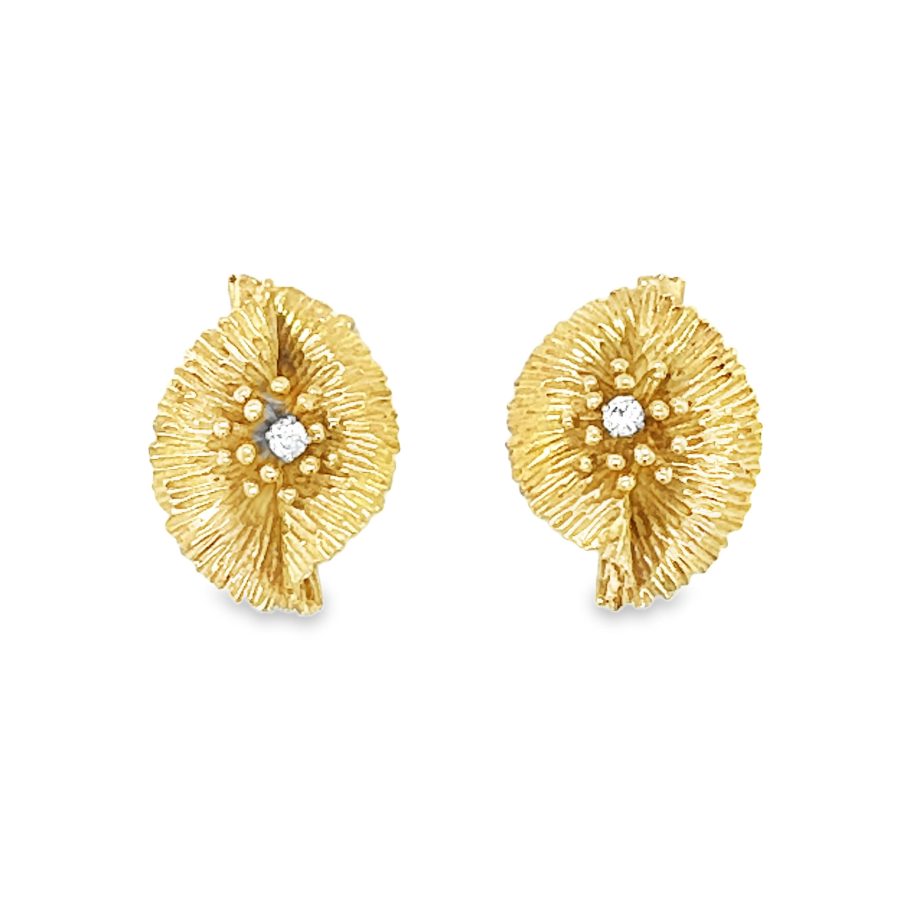 18K YELLOW GOLD DIAMOND FAN MOTIF EARCLIPS