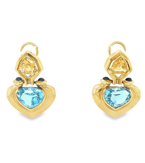 18K YELLOW GOLD BLUE TOPAZ, CITRINE AND SAPPHIRE DANGLING HEART-SHAPED EARRINGS