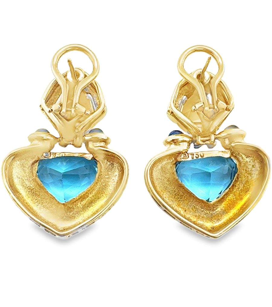 18K YELLOW GOLD BLUE TOPAZ, CITRINE AND SAPPHIRE DANGLING HEART-SHAPED EARRINGS