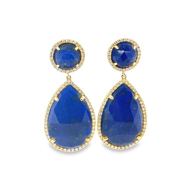 14K YELLOW GOLD LAPIS LAZULI AND DIAMOND DANGLING EARRINGS