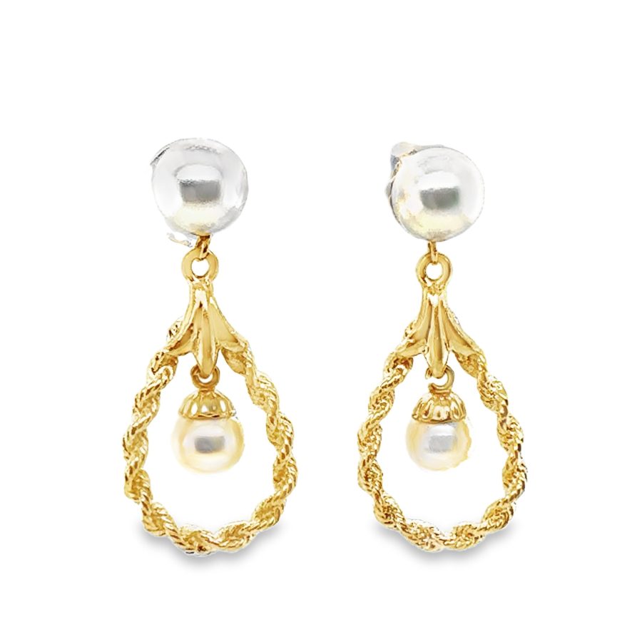 14K YELLOW GOLD PEARL DANGLING EARRINGS