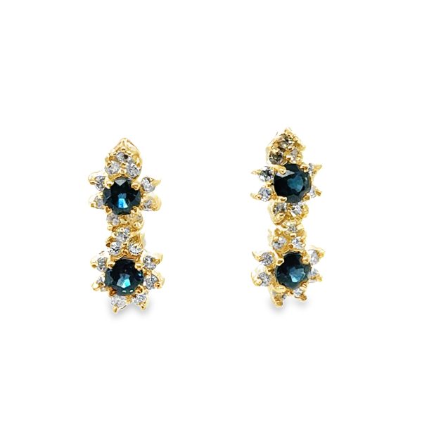 14K YELLOW GOLD SAPPHIRE AND DIAMOND DANGLING EARRINGS