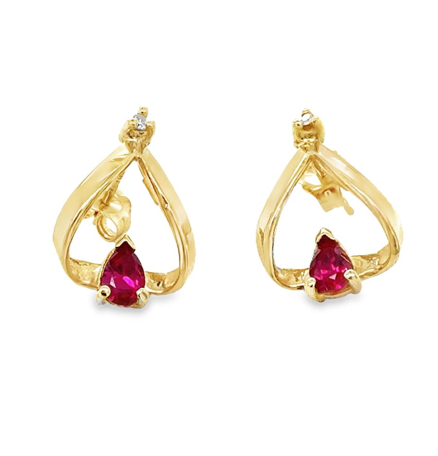 14K YELLOW GOLD RUBY AND DIAMOND TRIANGULAR EARRINGS