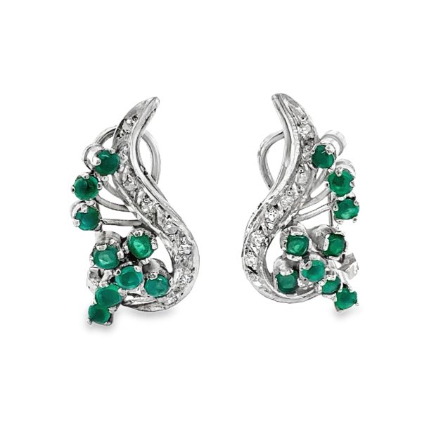 14K WHITE GOLD EMERALD AND DIAMOND CLUSTER EARRINGS