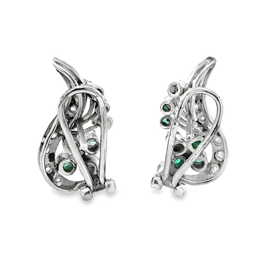 14K WHITE GOLD EMERALD AND DIAMOND CLUSTER EARRINGS