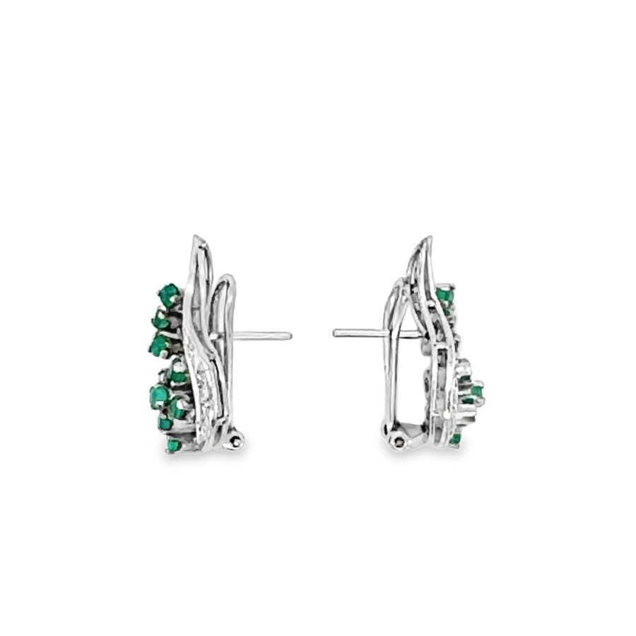 14K WHITE GOLD EMERALD AND DIAMOND CLUSTER EARRINGS