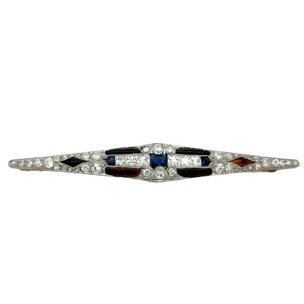 Art Deco Platinum Sapphire, Onyx and Diamond Bar Pin