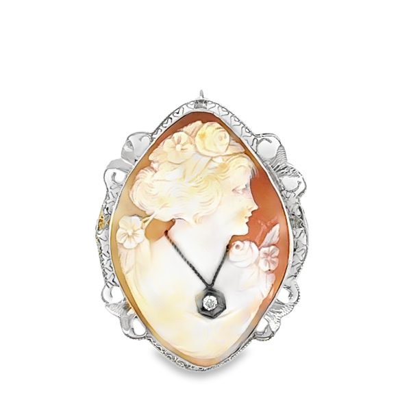 14K WHITE AND YELLOW GOLD CAMEO BROOCH