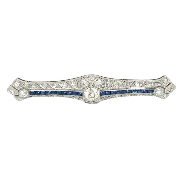 Art Deco Platinum Diamond and Sapphire Brooch