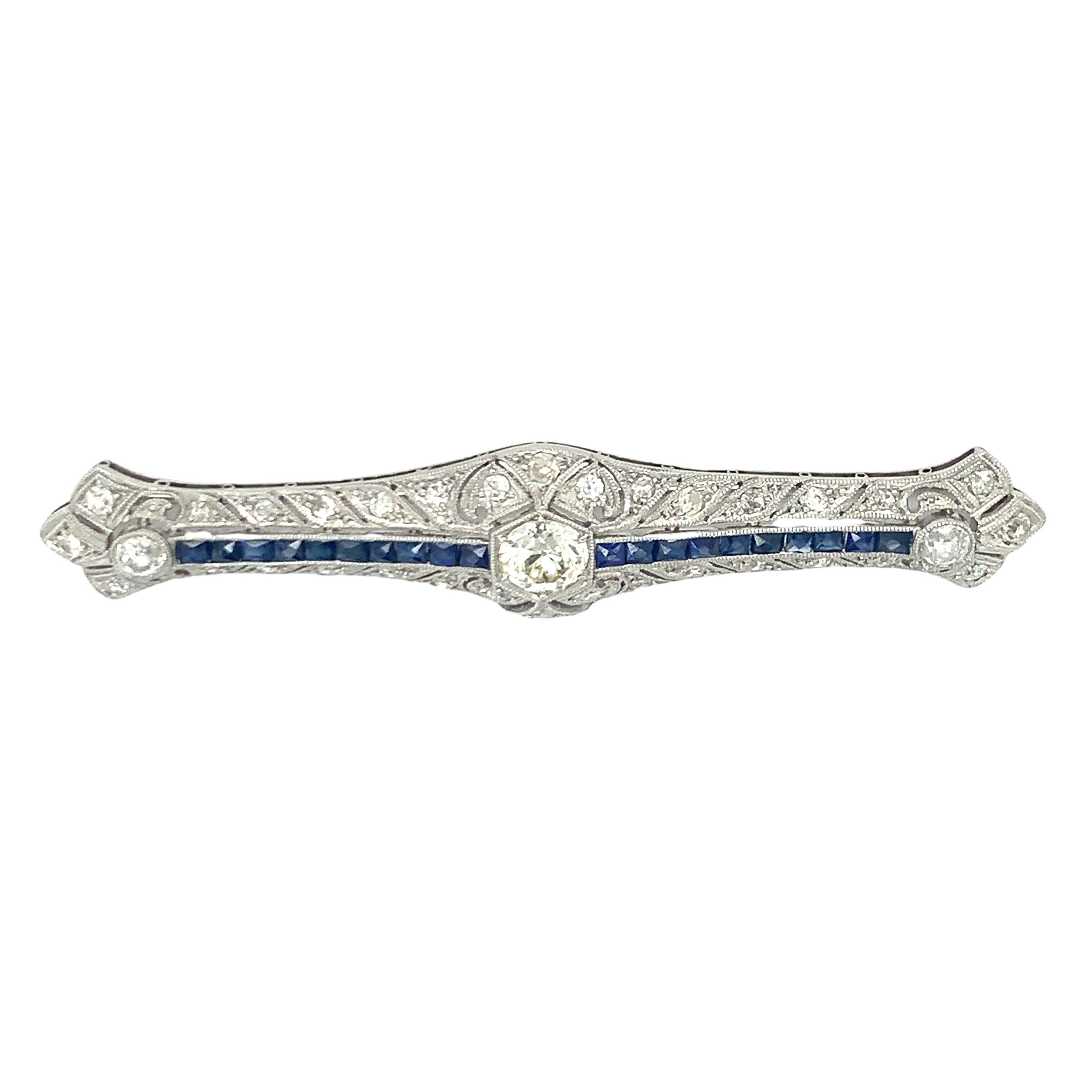 Art Deco Platinum Diamond and Sapphire Brooch