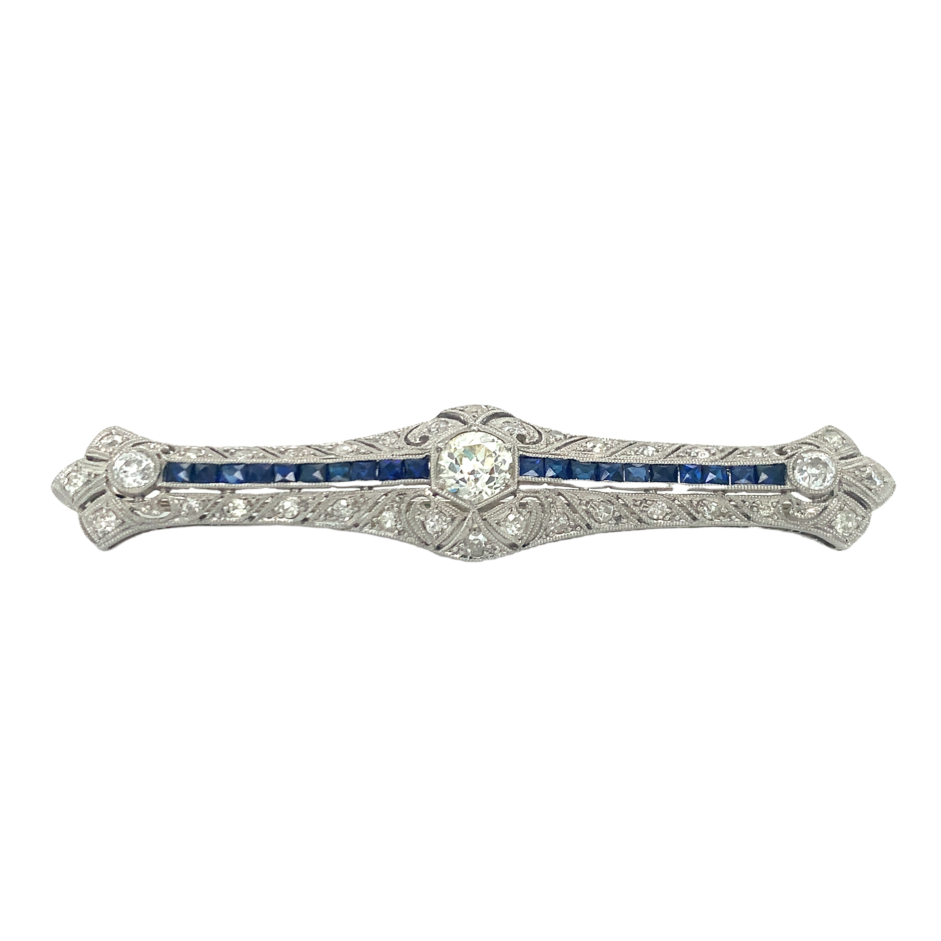 Art Deco Platinum Diamond and Sapphire Brooch