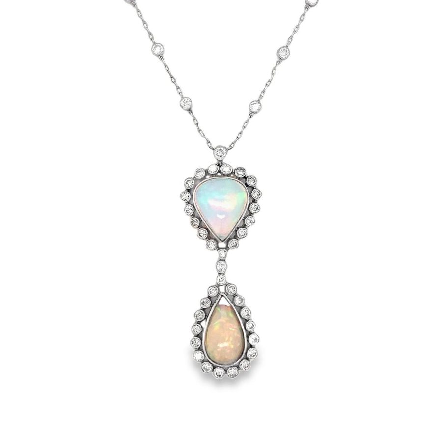 1950s Opal and Diamond Drop Pendant Necklace in 18K White Gold and Platinum