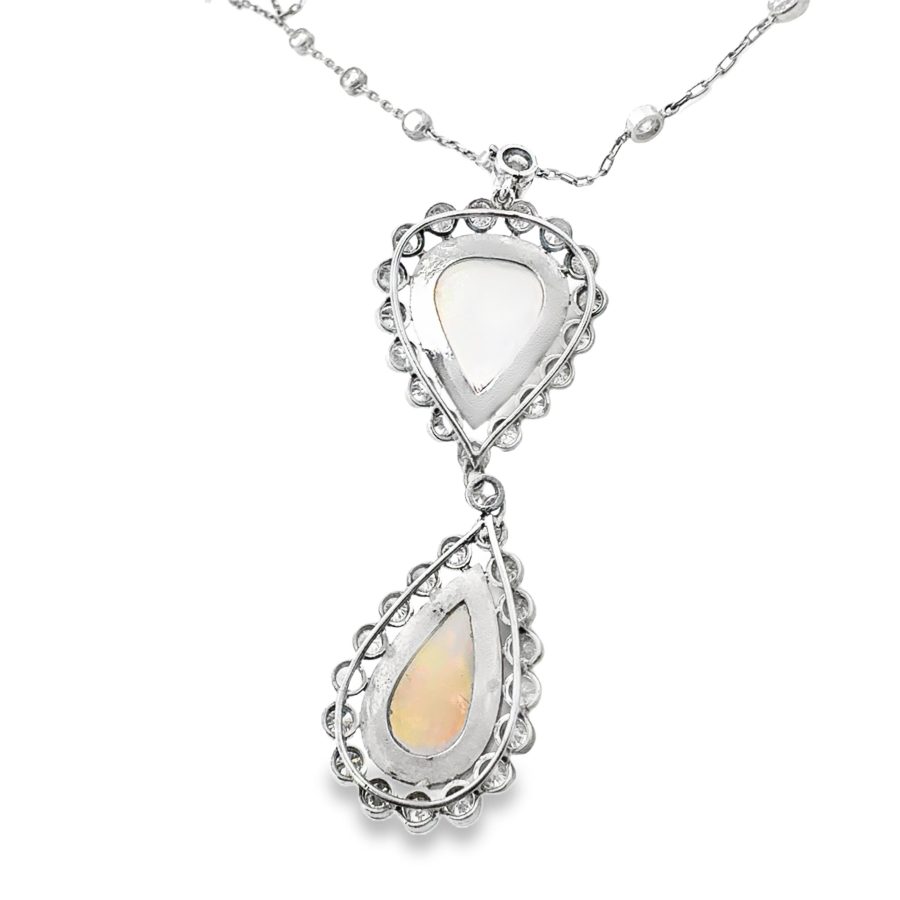 1950s Opal and Diamond Drop Pendant Necklace in 18K White Gold and Platinum