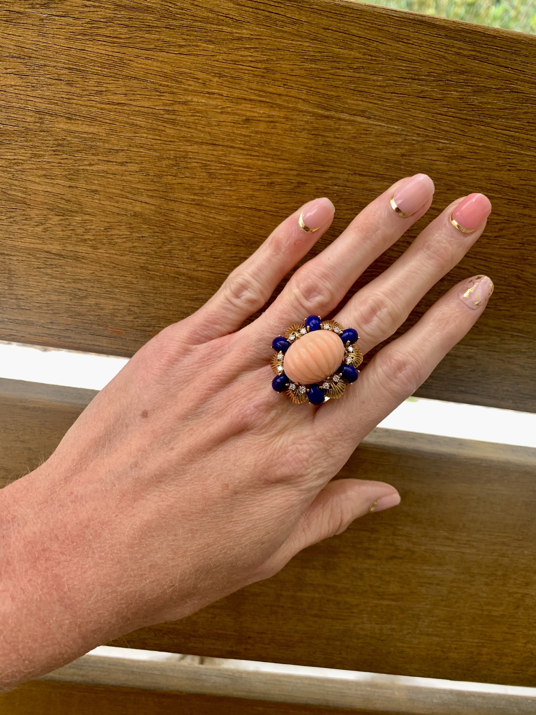 Pink Coral, Lapis Lazuli and Diamond Ring in 18K Yellow Gold, circa 1960s